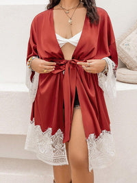 Thumbnail for Plus Size Lace Patchwork Tie Front Robe - XL THRU 3XL - T - 1 COLOR -