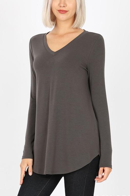 Riah Fashion - Premium Long Sleeve V-Neck Round Hem Top - 11 COLORS -