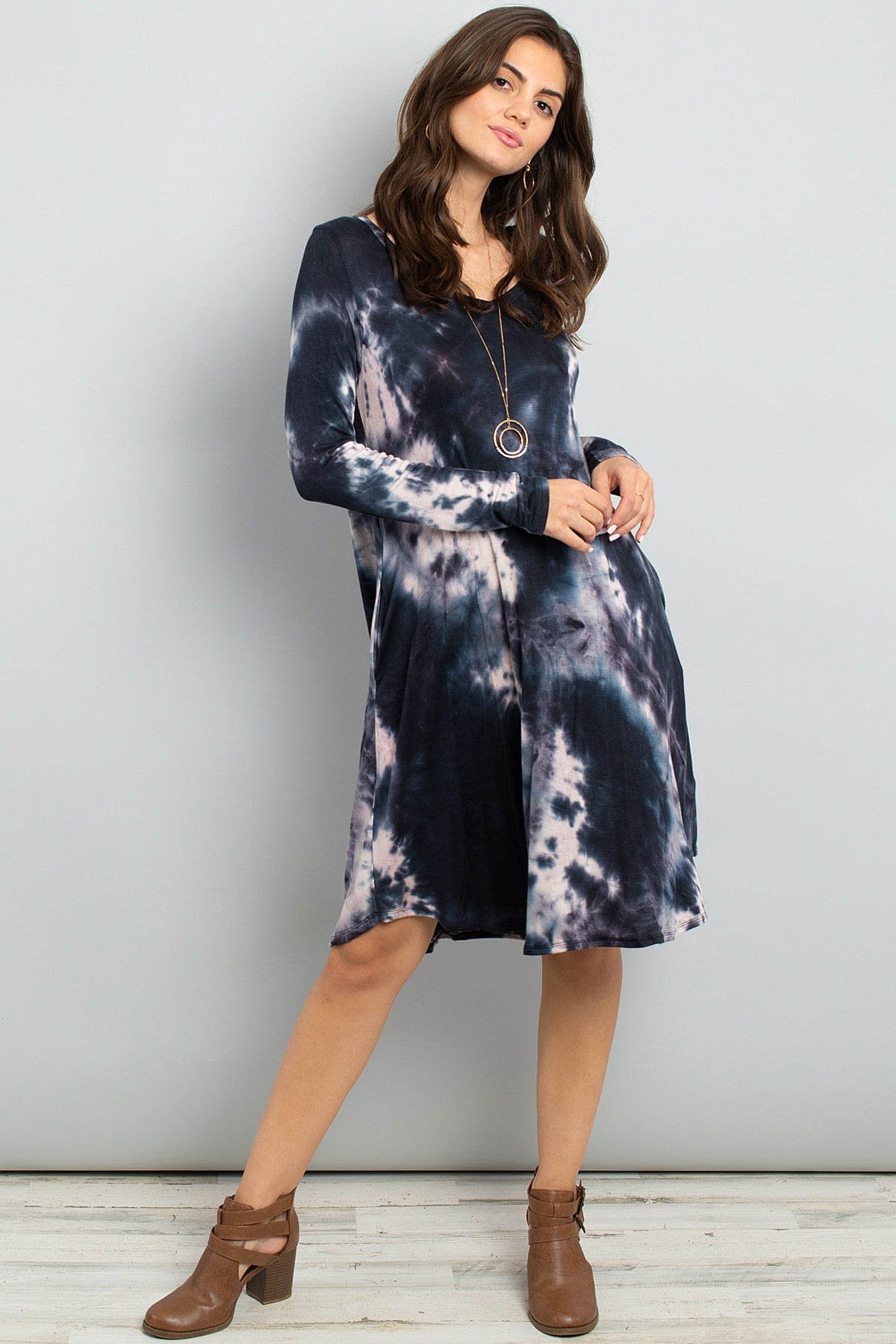 Riah Fashion - Tie Dye V-Neck Rounded Hem Midi Dress - 2 COLORS -