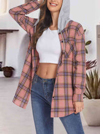 Thumbnail for Plaid Drawstring Button Up Hooded Shirt - T - 5 COLORS -