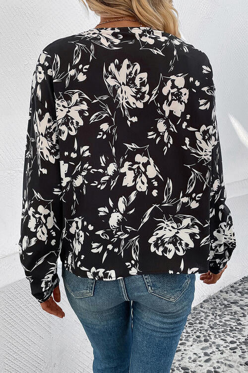 Floral Collared Neck Long Sleeve Top - T - 1 COLOR -