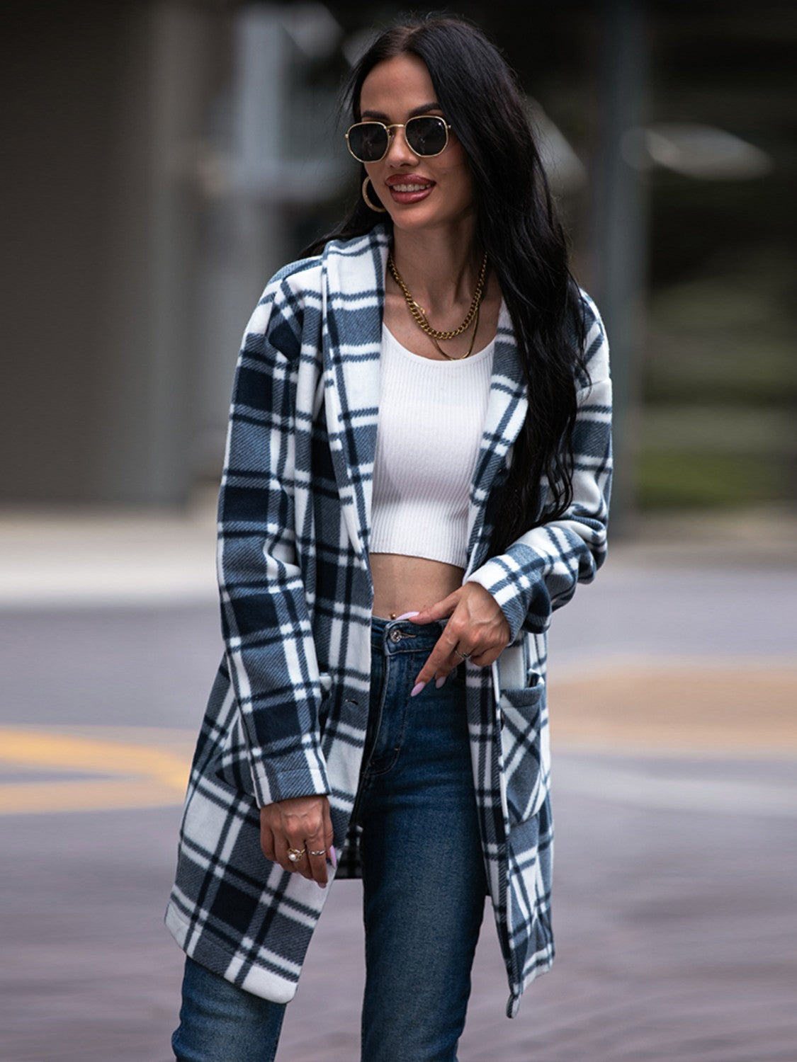 Plaid Shawl Collar Jacket with Pockets - t - 3 colors -