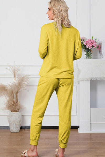 Round Neck Top and Drawstring Pants Lounge Set - 2 PCS. - T - 4 COLORS -