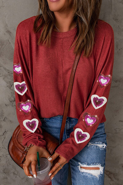 Heart Sequin Round Neck Long Sleeve T-Shirt - T - 1 COLOR -