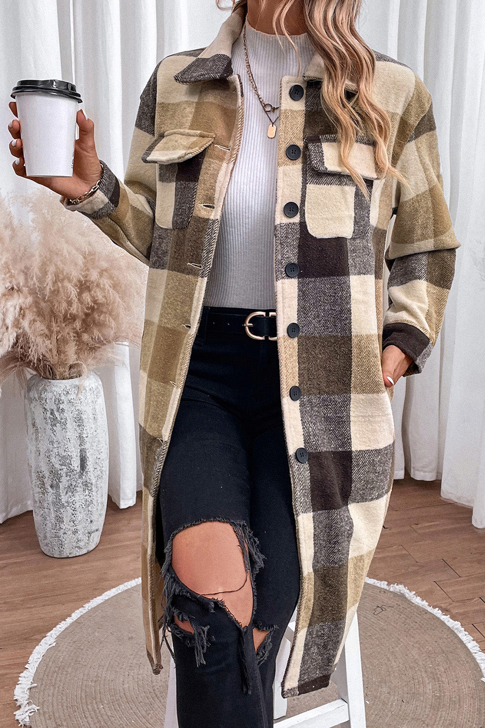 Plaid Button Down Longline Coat - T - 1 COLOR -