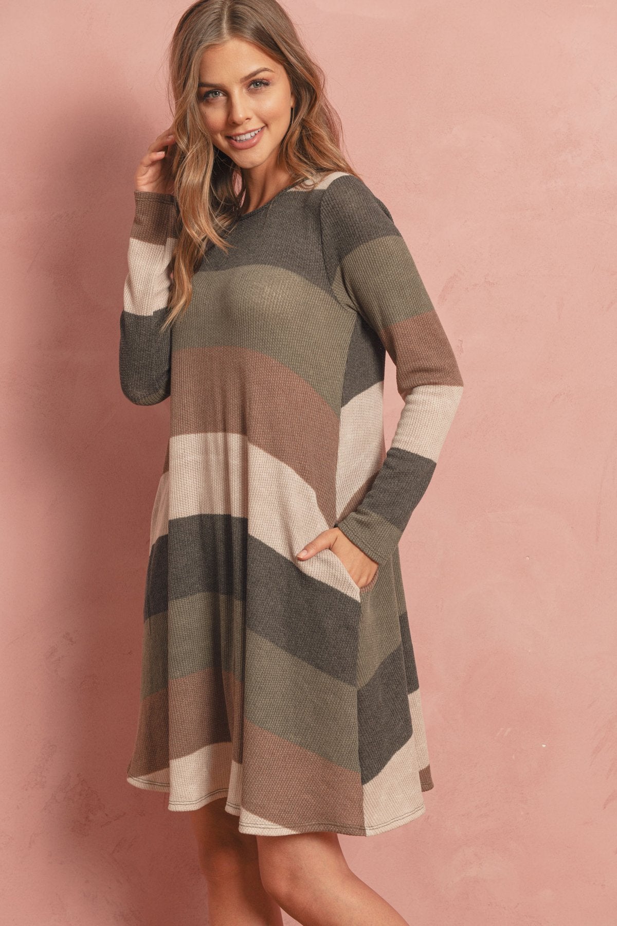 Riah Fashion - Long Sleeved Rib Stripe Pocket Dress - 3 COLORS -