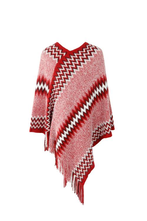 Fringe Hem Striped Cape Sleeve Poncho - T - 5 COLORS -