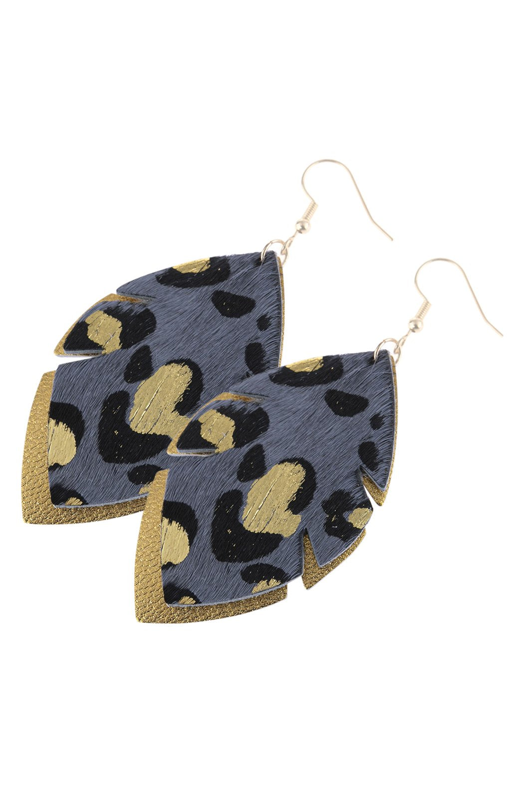 Riah Fashion - Leaf Shape Leopard Leather Drop Earrings -