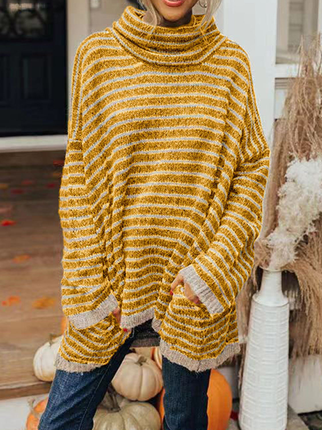 Striped Turtleneck Sweater with Pockets - T - 4 COLORS -