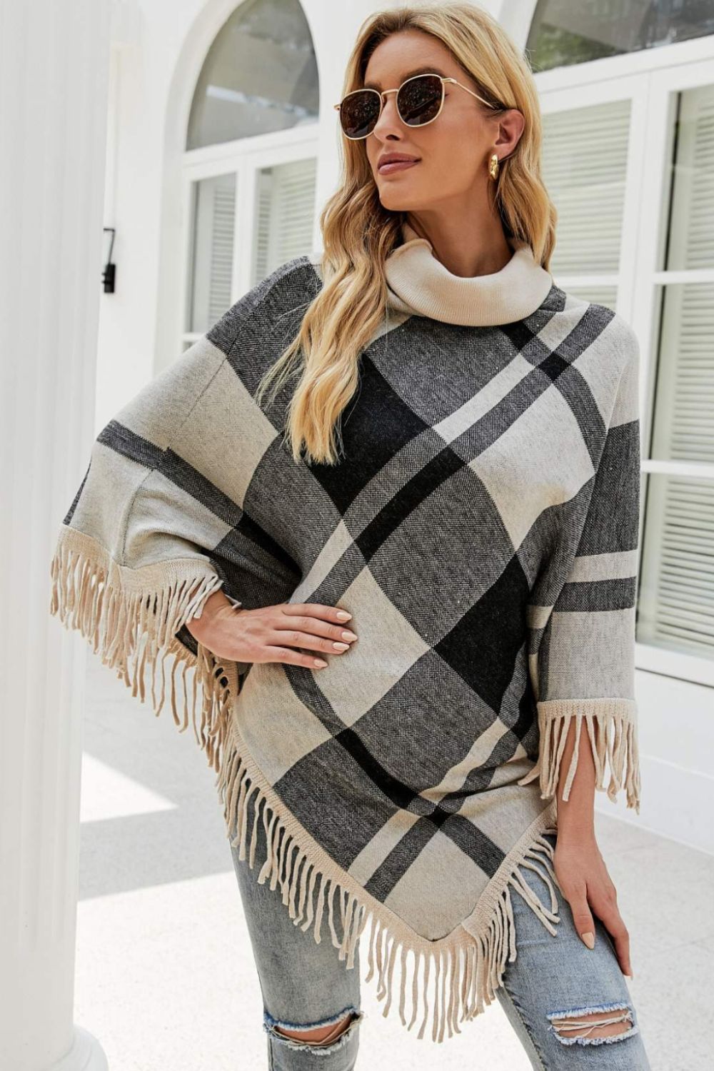 Plaid Turtleneck Fringe Hem Poncho - ONE SIZE FITS ALL - K - 5 COLORS -