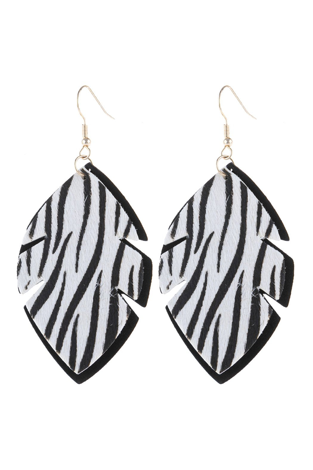 Leaf Shape Zebra Leather Drop Earrings -