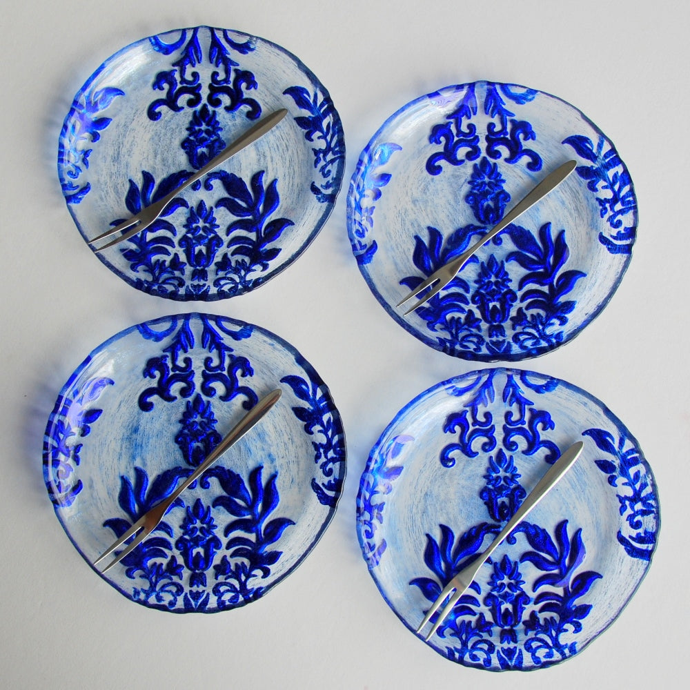 Set/4 DAMASK 6.5" BLUE VELVET CANAPE PLATES