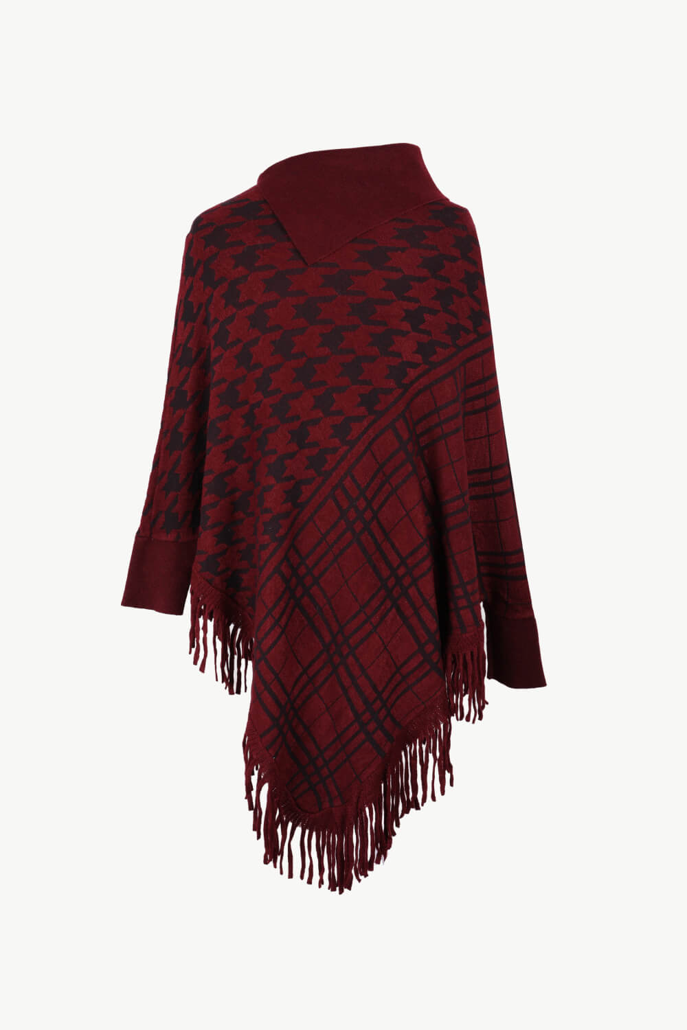 Houndstooth Turtleneck Fringe Hem Poncho - T - 5 COLORS -