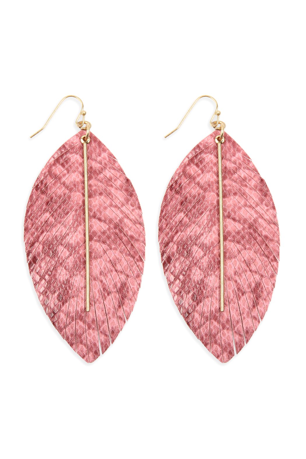 Leather Feather Snakeskin Fish Hook Bar Earrings - 5 COLORS -