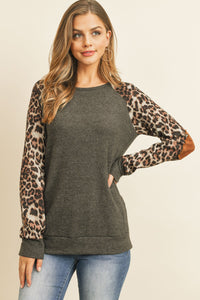 Thumbnail for Riah Fashion - Leopard Sleeve Elbow Patch Sweater - 1 COLOR -