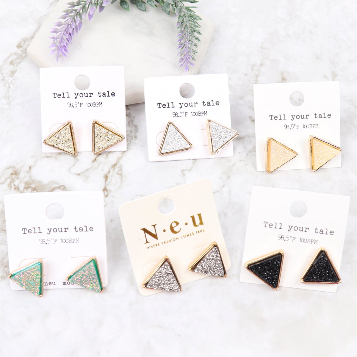 Riah Fashion - Druzy Triangle Post Earrings - 7 COLORS -