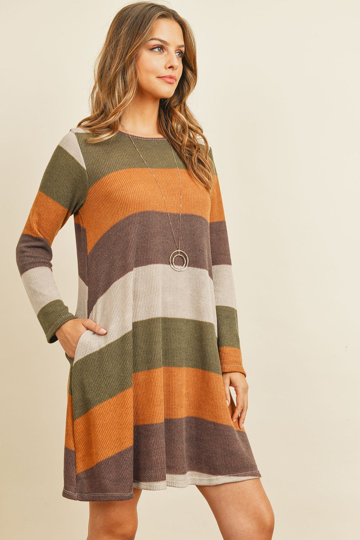 Riah Fashion - Long Sleeved Rib Stripe Pocket Dress - 3 COLORS -