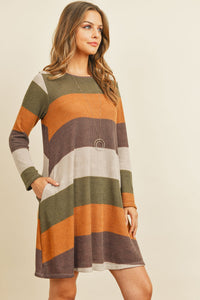 Thumbnail for Riah Fashion - Long Sleeved Rib Stripe Pocket Dress - 3 COLORS -