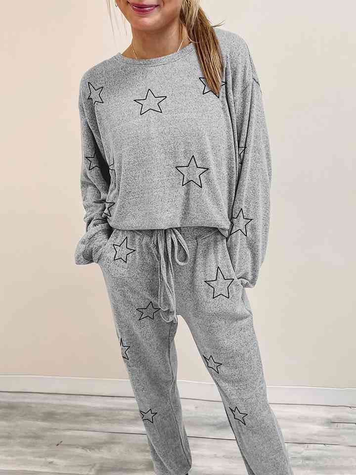 Star Print Long Sleeve Top and Pants Lounge Set - T - 1 COLOR -