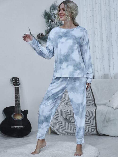 Tie-dye Round Neck Top and Drawstring Pants Lounge Set - 2 PCS. - T - 4 COLORS -