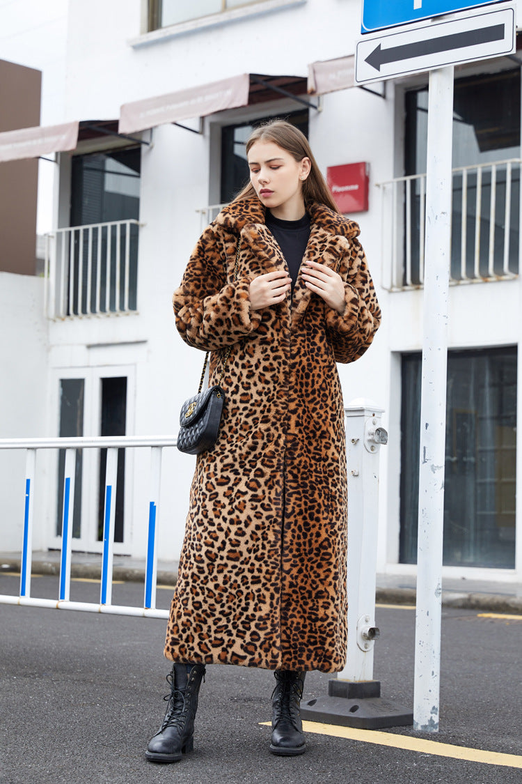 Sharon Tatem - Faux Fur - Leopard Print - Rabbit Tailored Collar - Warm Thick X-Long Coat Long Sleeve Jacket -