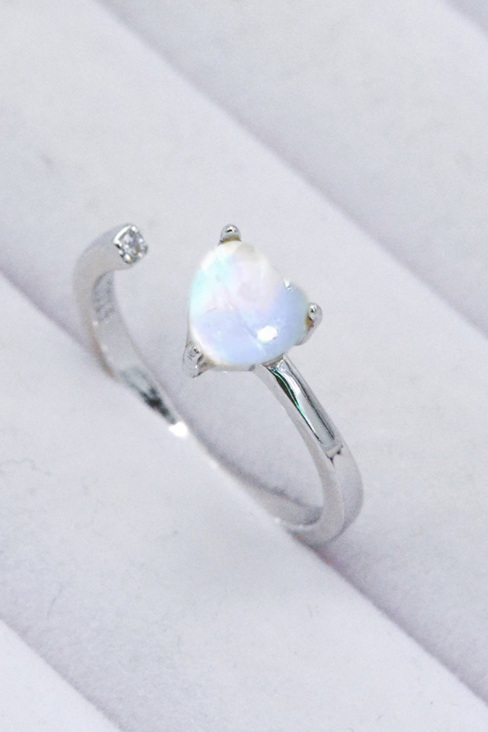 Inlaid Moonstone Heart Adjustable Open Ring - T - 1 SIZE FIT - 2 FINISHES -