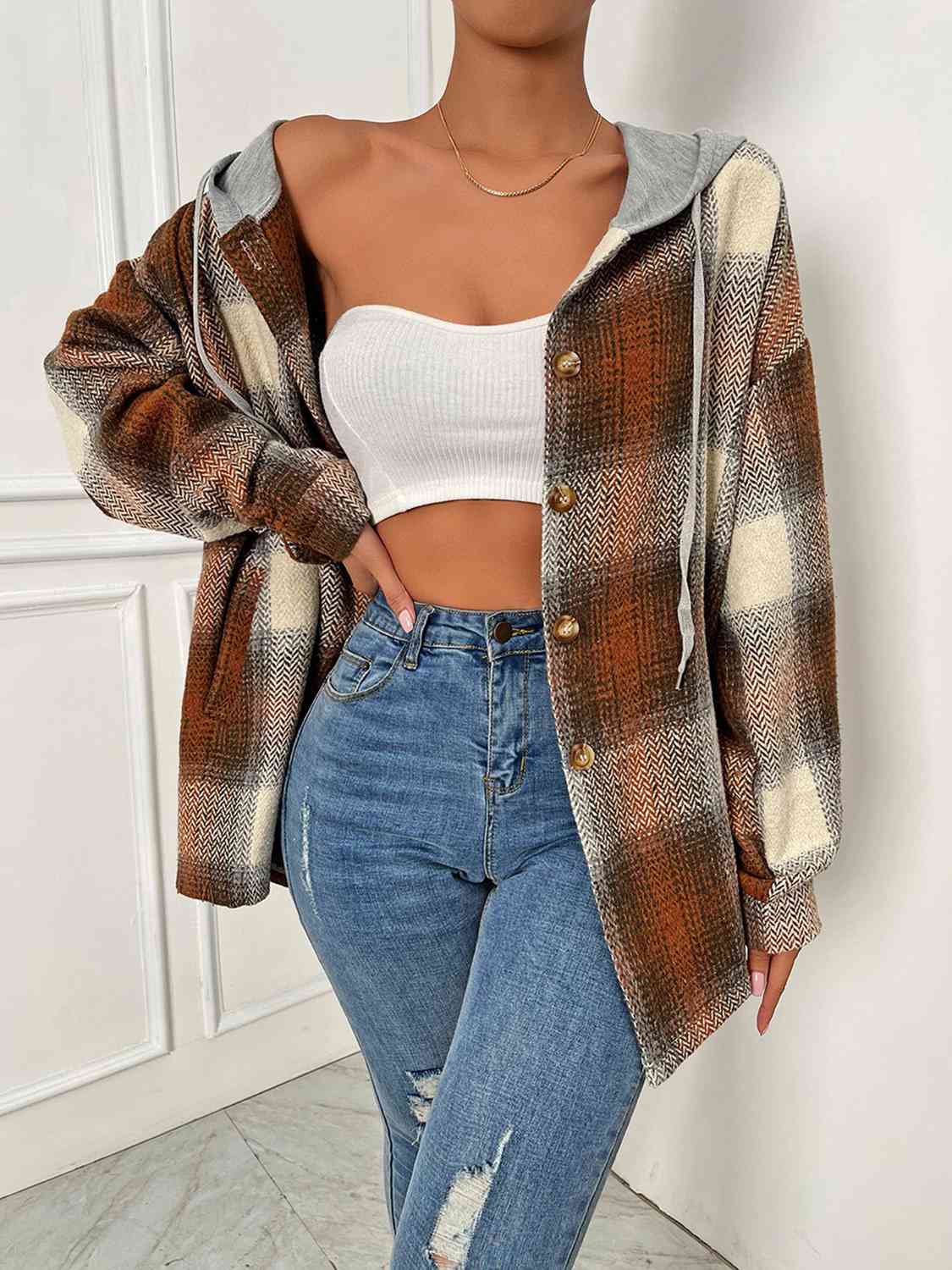 Plaid Drawstring Hooded Jacket - T - 1 COLOR -