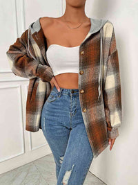 Thumbnail for Plaid Drawstring Hooded Jacket - T - 1 COLOR -