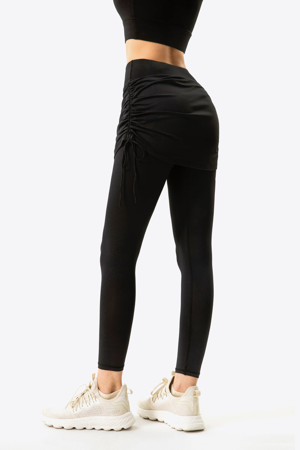 Drawstring Ruched Faux Layered Yoga Leggings - T - 7 COLORS -