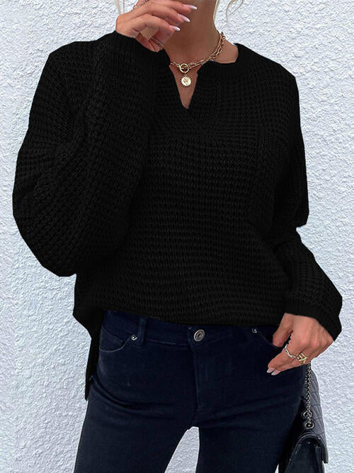 Notched Long Sleeve Sweater - T - 6 COLORS -