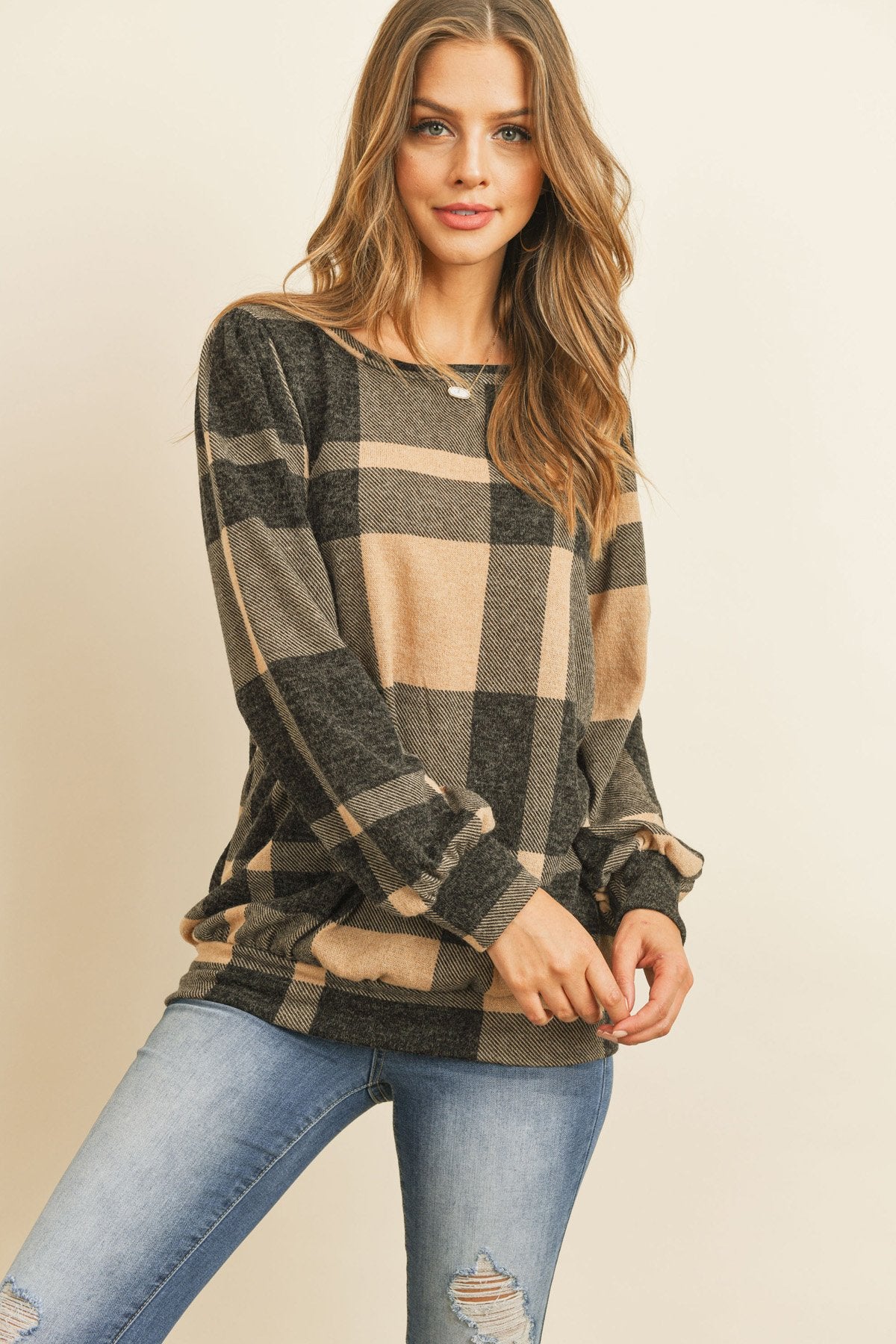 Riah Fashion - Plaid Round Neck Long Sleeve Top - 2 COLORS -