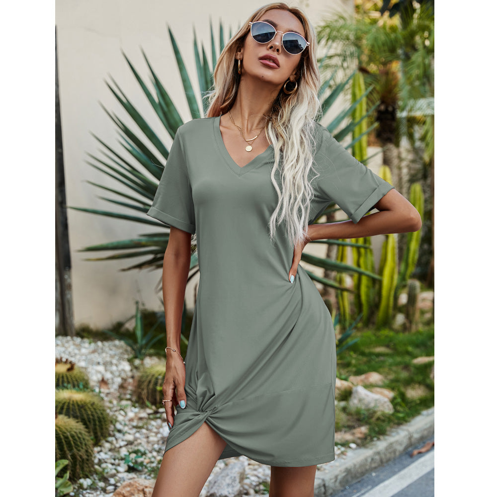 Twisted V-Neck Short Sleeve Dress - Beach or Everyday - T - 12 PATTERNS/COLORS -