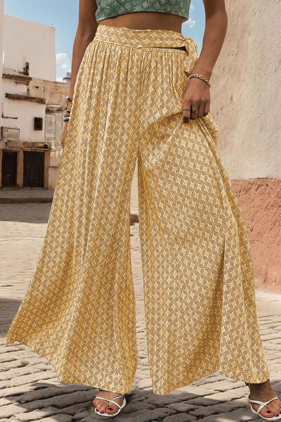 Printed Tied Wide Leg Pants - T - 3 COLORS -