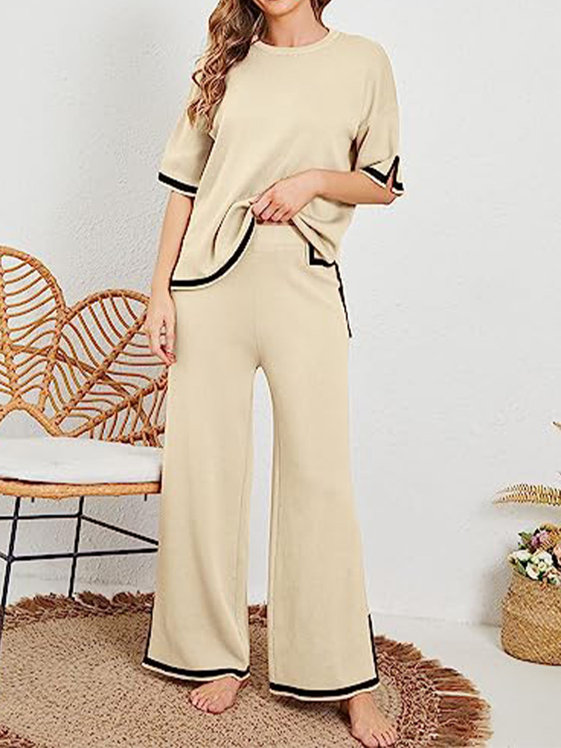 Contrast High-Low Sweater and Knit Pants Set - T - 7 COLORS -