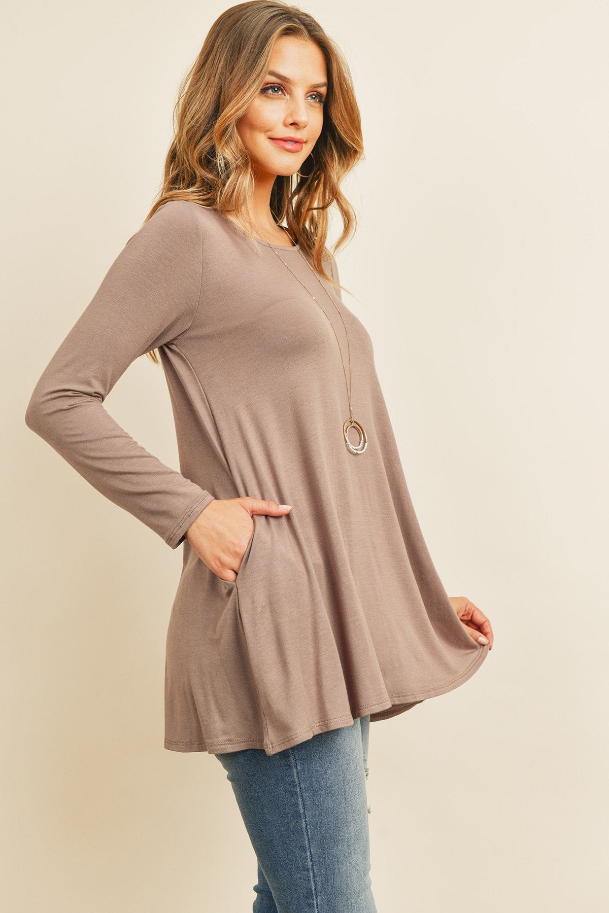 Riah Fashion - Solid Long Sleeve Top With Inseam Pocket - 5 COLORS -