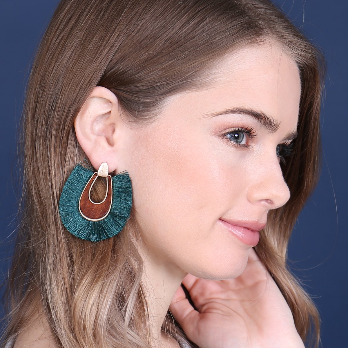 Wood With Thread Tassel Post Earrings - 11 COLORS -