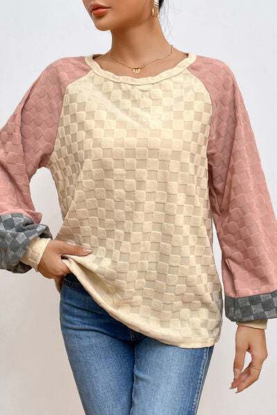 Checkered Contrast Round Neck Long Sleeve T-Shirt - T - 1 COLOR -