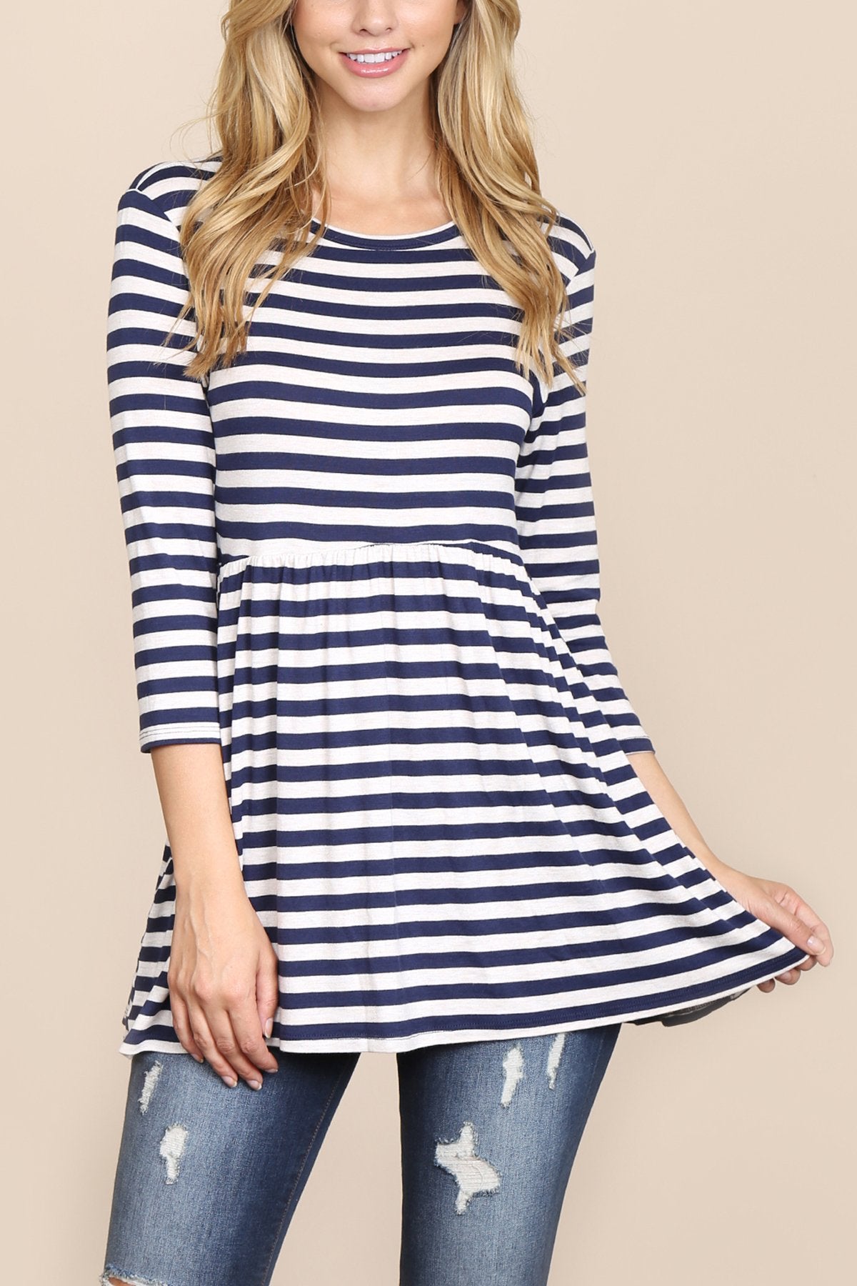 Riah Fashion - Quarter Sleeve Babydoll Striped Tunic - 7 COLORS -