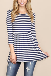 Thumbnail for Riah Fashion - Quarter Sleeve Babydoll Striped Tunic - 7 COLORS -