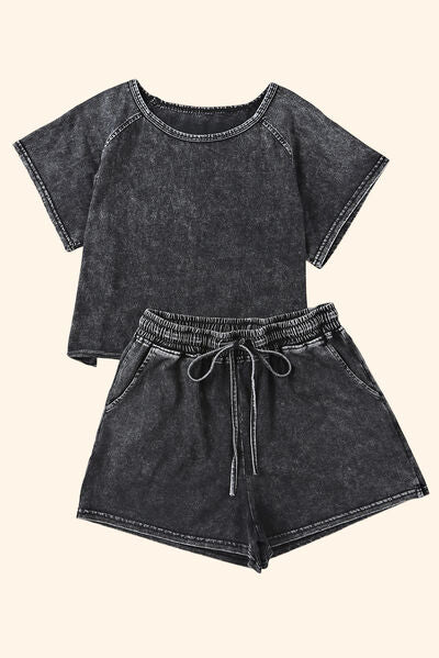 Heathered Round Neck Top and Shorts Lounge Set - 2 PCS. - T - 1 COLOR -