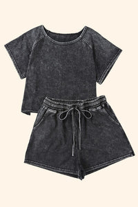 Thumbnail for Heathered Round Neck Top and Shorts Lounge Set - 2 PCS. - T - 1 COLOR -