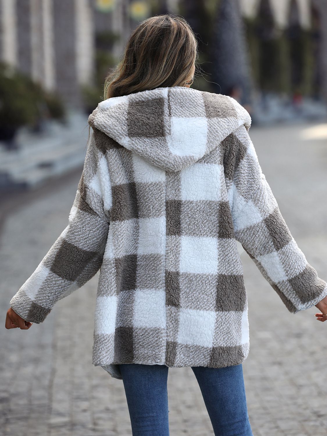 Plaid Open Front Hooded Coat - T - 1 COLOR -