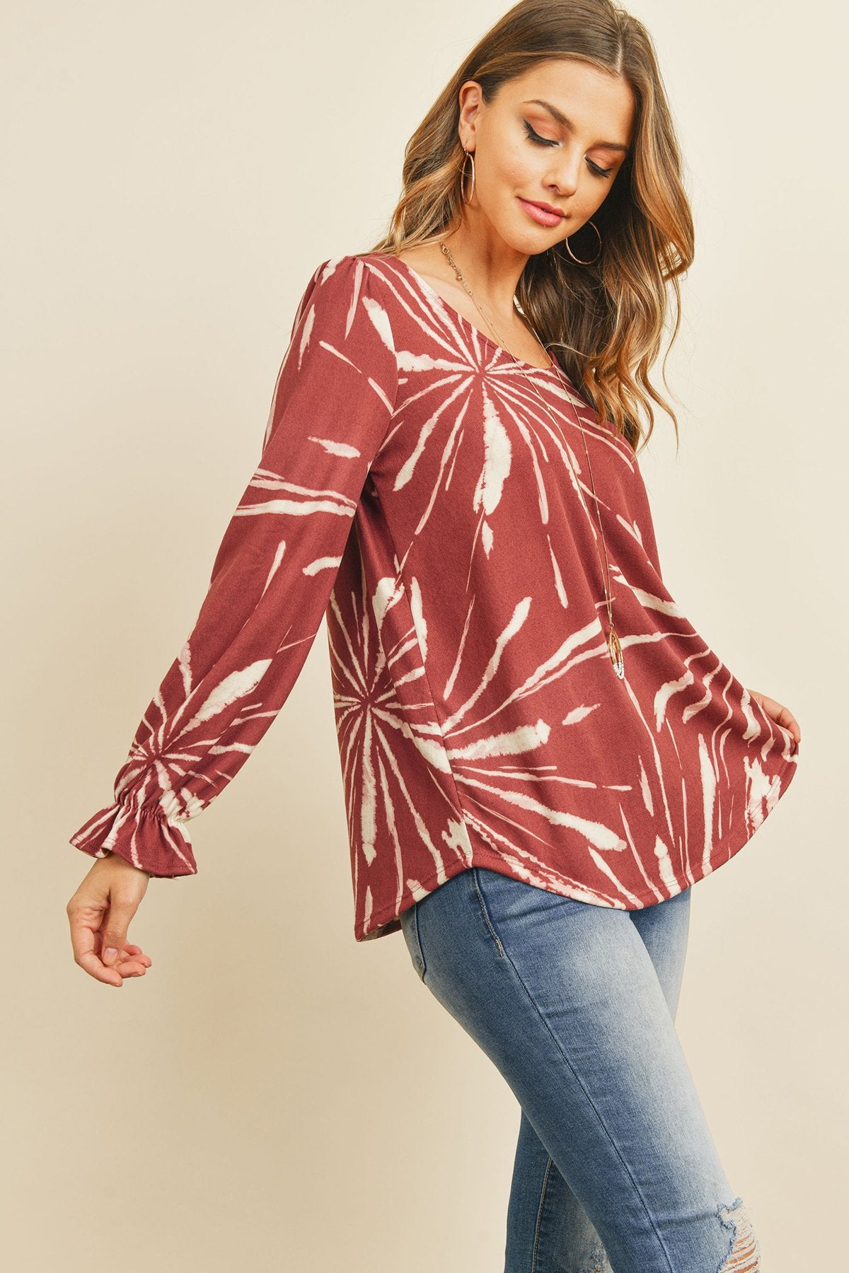 Riah Fashion - Tie Dye Ruffle Sleeve V-Neck Round Hem Top - 2 COLORS -