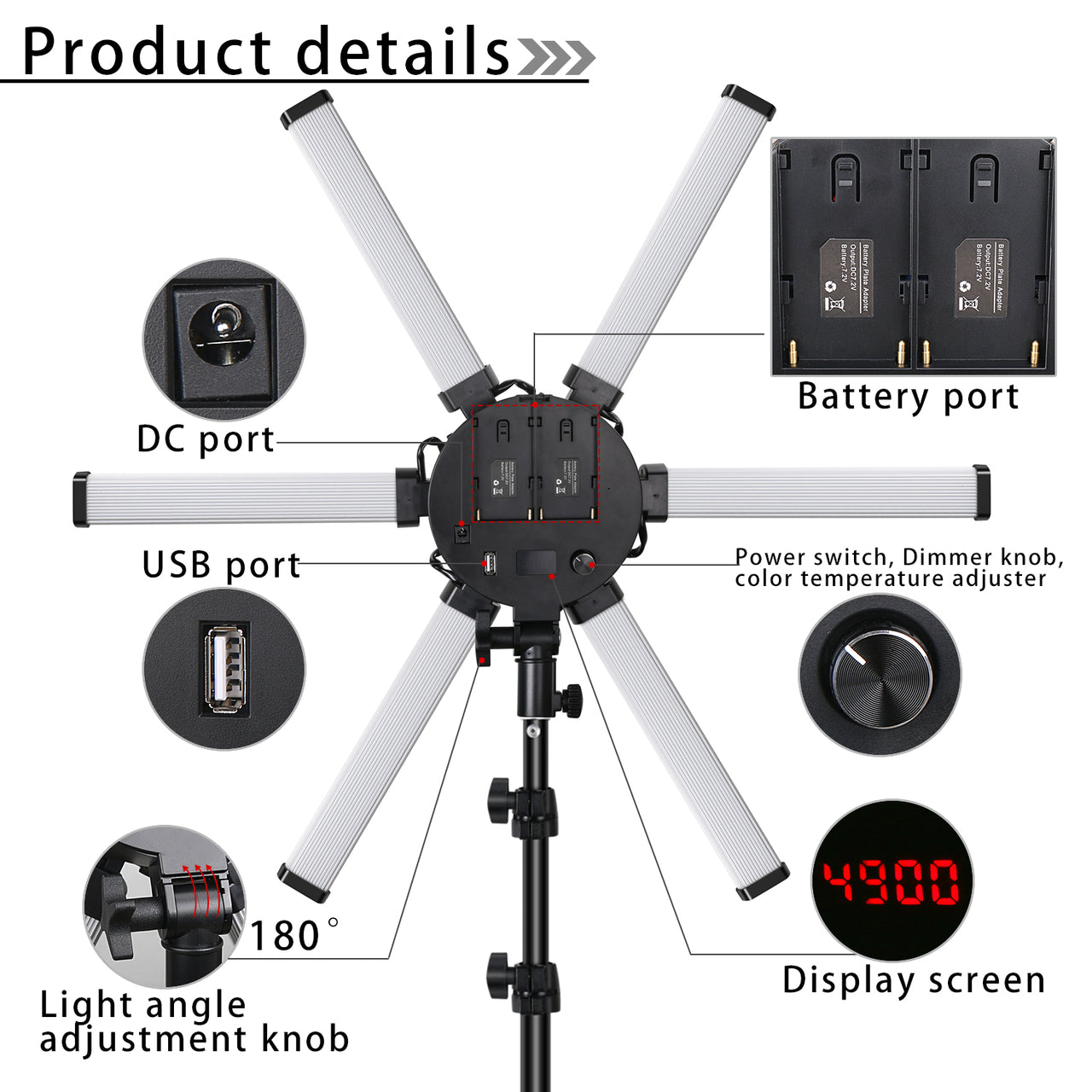 26" Foldable Star Shaped Video Lights - Selfie LED Ring - Light Dimmable Ring Lamp With Tripod Stand - 6 Arms Light for TIKTOK, You Tube - [6-10 DAY DELIVERY] -