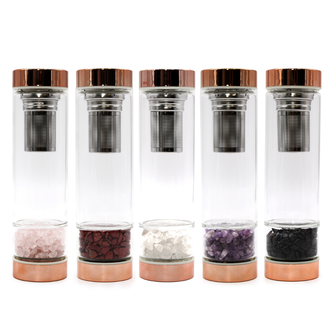 Zenys / London - Rose Gold Crystal Elixir Water Bottle With Top of Lid Tea Infuser 500ML / Price = EA. - 5 GEMMED BOTTOMS -