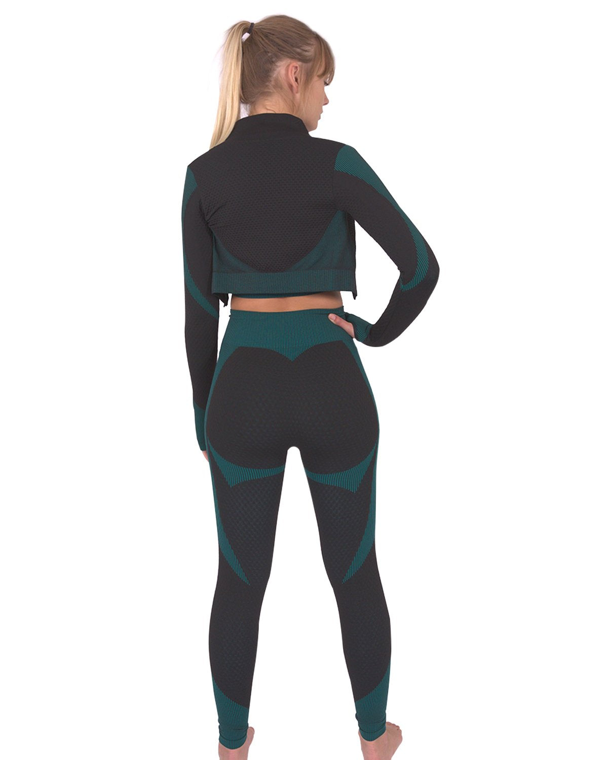 Savoy - Trois Seamless Jacket, Leggings & Sports Top 3 Set - Black With Teal Blue - 3 PCS - 1 COLOR -