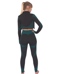 Thumbnail for Savoy - Trois Seamless Jacket, Leggings & Sports Top 3 Set - Black With Teal Blue - 3 PCS - 1 COLOR -