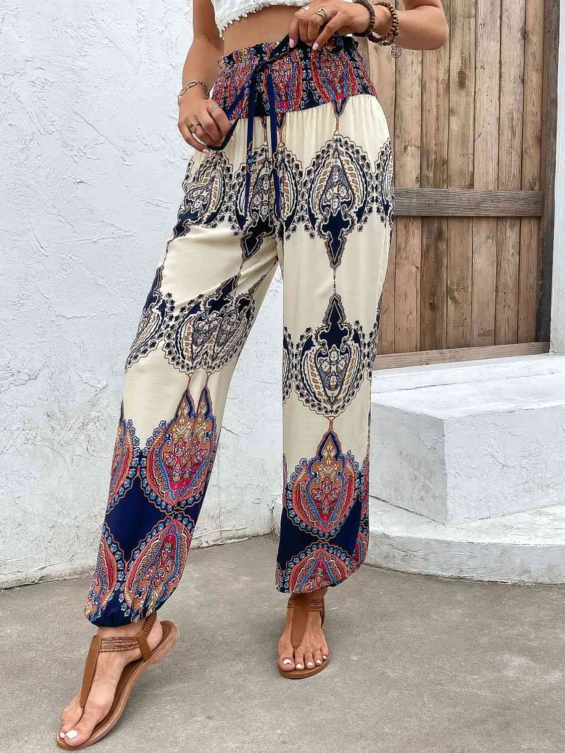 Printed Smocked High Waist Pants - Beach or Everyday - T - 1 COLOR -