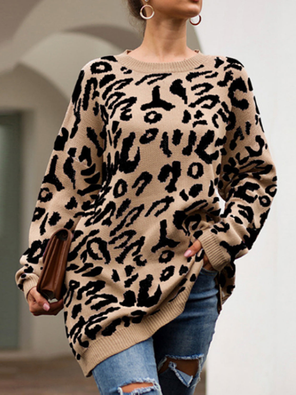 Leopard Round Neck Tunic Sweater - T - 3 COLORS -