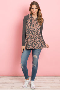 Thumbnail for Riah Fashion - Waffle Sleeve Leopard Drawstring Hoodie - 3 COLORS -